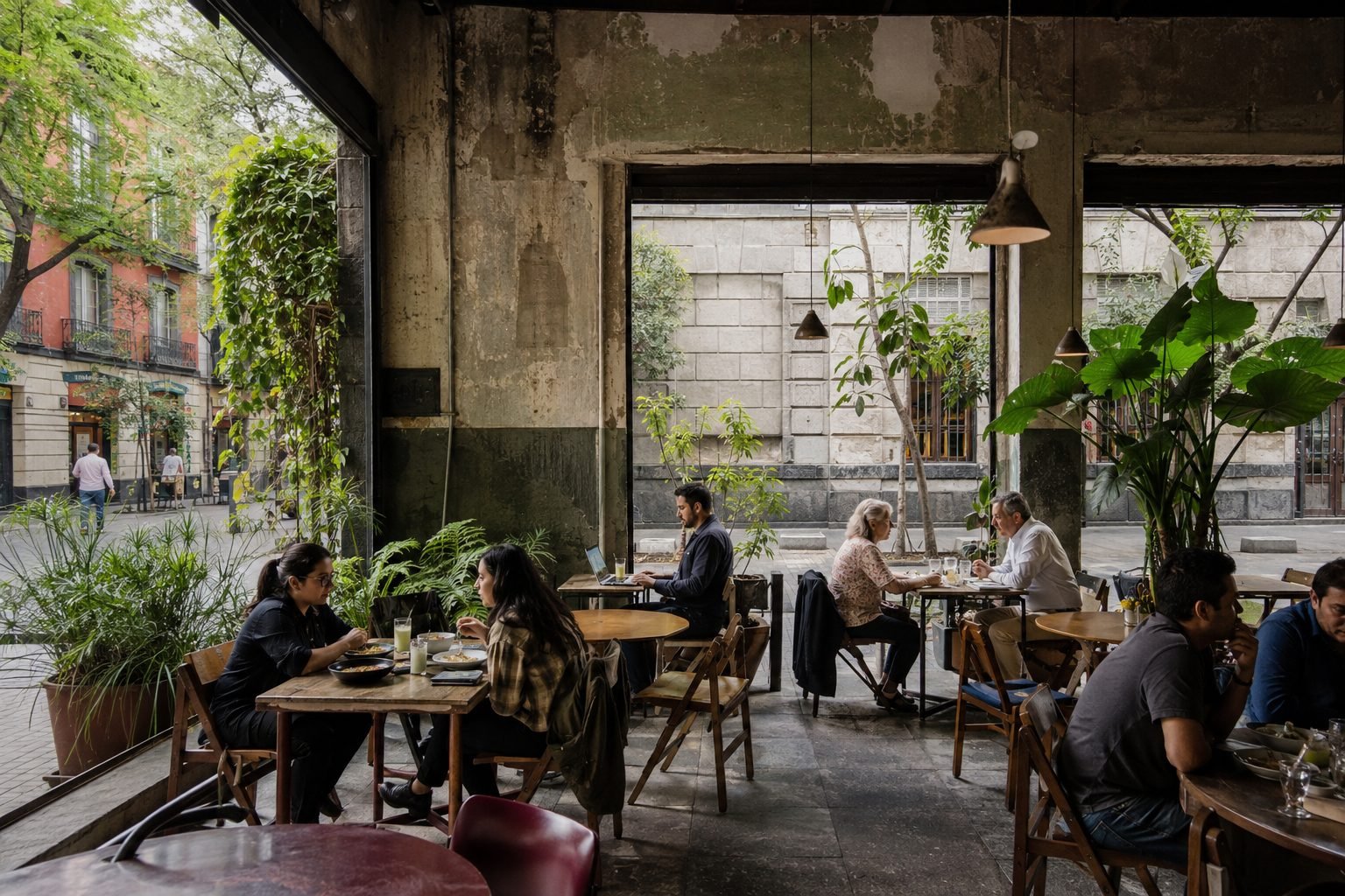 Diners at wooden tables in an open-fronted Mexico City café facing a leafy street